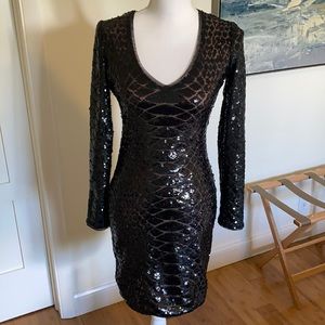 Black long sleeved stretch BCBG sequined dress